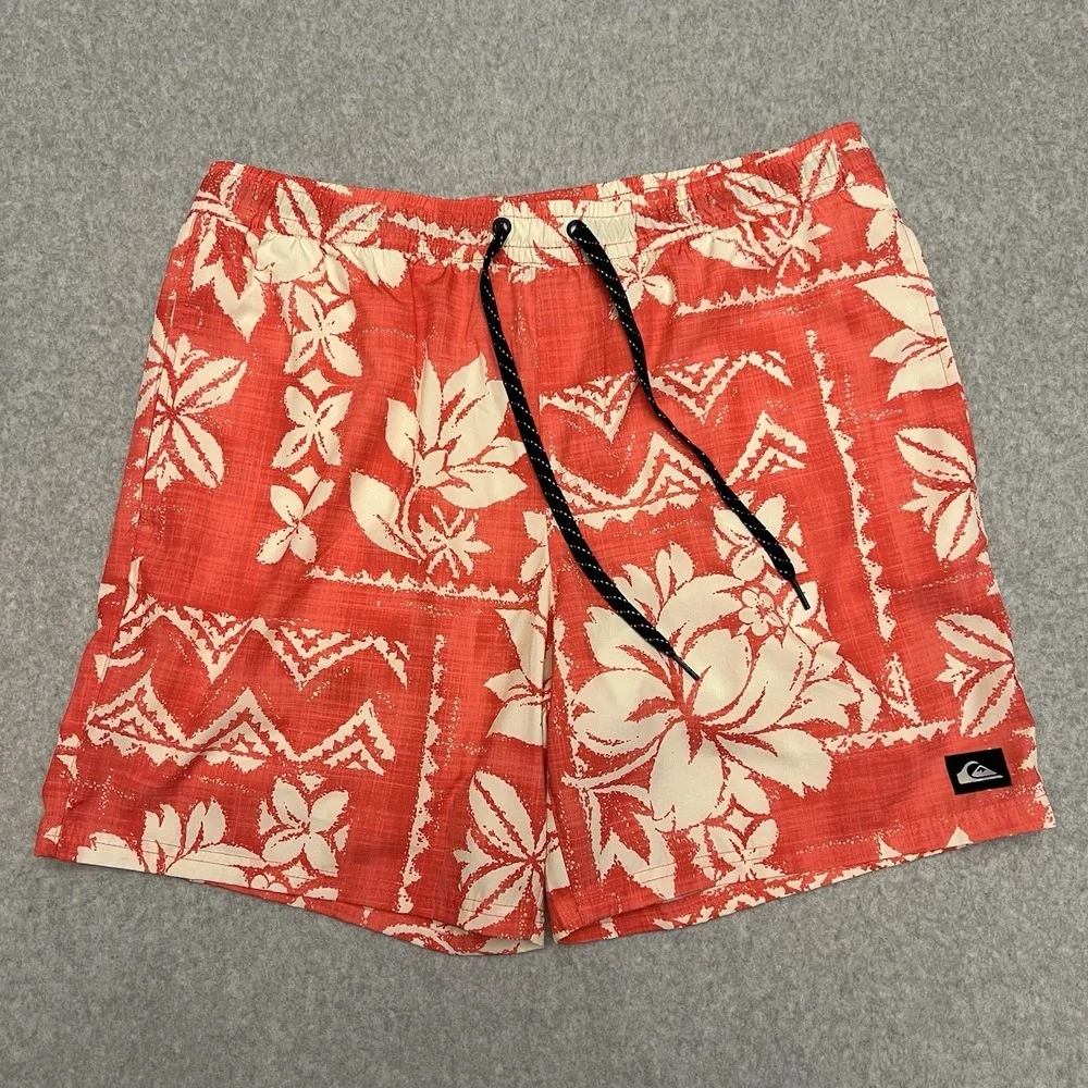 Quicksilver Swim Trucks Men Large Red AOP Geometric Floral Drawstring Surf Beach